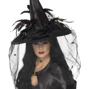 Witch Hat, Feathers & Netting, Black