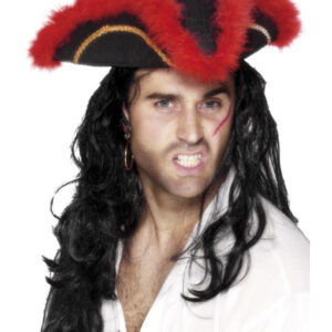 Pirate Tricorn Hat, Red Feather, Black